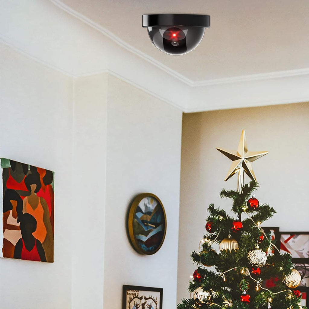 WALI Dummy Fake Security CCTV Dome Camera with Flashing Red LED Light with Security Alert Sticker Decals (SD-2), 2 Packs, Black