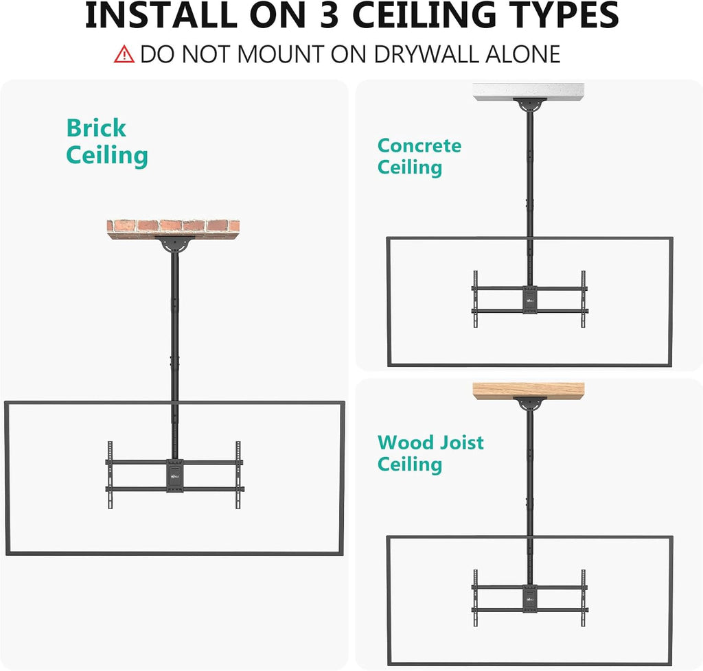 WALI Ceiling TV Mount for 37-90 Inch TVs, Extra Long Arm Ceiling Mount TV Bracket, Telescoping Height Adjustable Hanging Pole TVs Ceiling Mount, Holds 220 lbs, Max VESA 800x400mm (CM3790XL), Black
