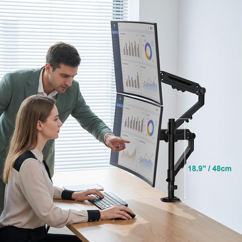WALI Vertical Dual Monitor Mount for 13-40 inch Screens, up to 26.4 lbs | Stacked Dual Monitor Stand, Full Motion with Tilt, Swivel, Rotation, C-Clamp/Grommet Base, VESA 75/100mm (GSDM002M), Black