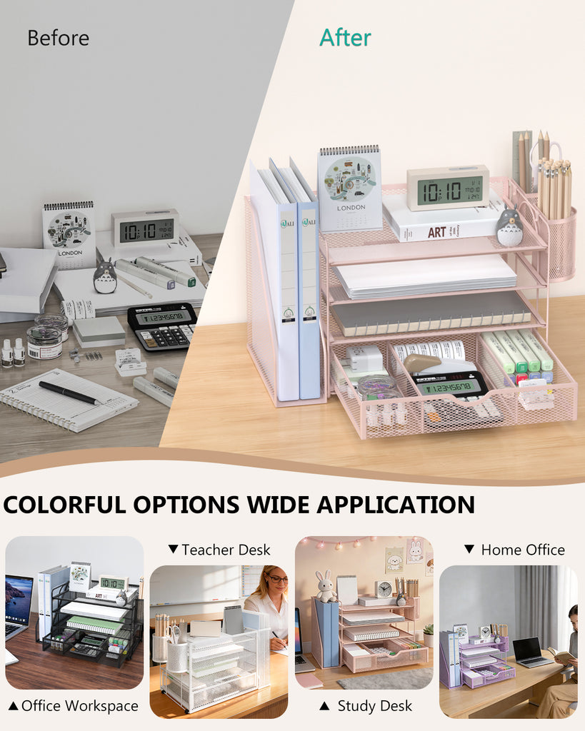 WALI Desk File Organizer, 4 Tier Desktop Paper Letter Tray Organizer with Drawer and 2 Pen Holders, Office Desk Accessories & Workspace Organizers for Office, Home Supplies(DO005DH-P), 1 Pack, Pink