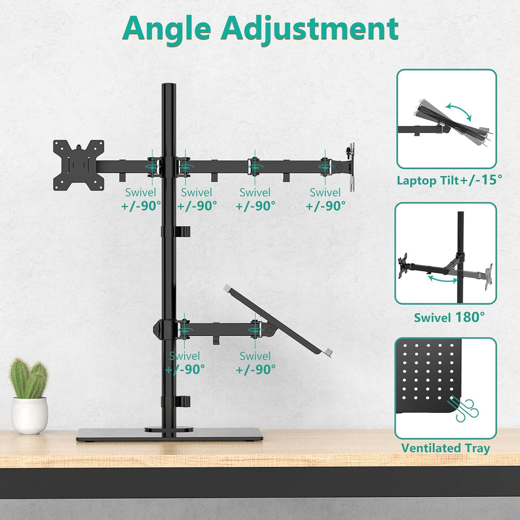 WALI Free Standing Dual Monitor and Laptop Stand, Height Adjustable Laptop Mount with Glass Base, Monitor Mount Fits up to 27 inch Monitors and 17 inch Laptops (GMF003LP), Black