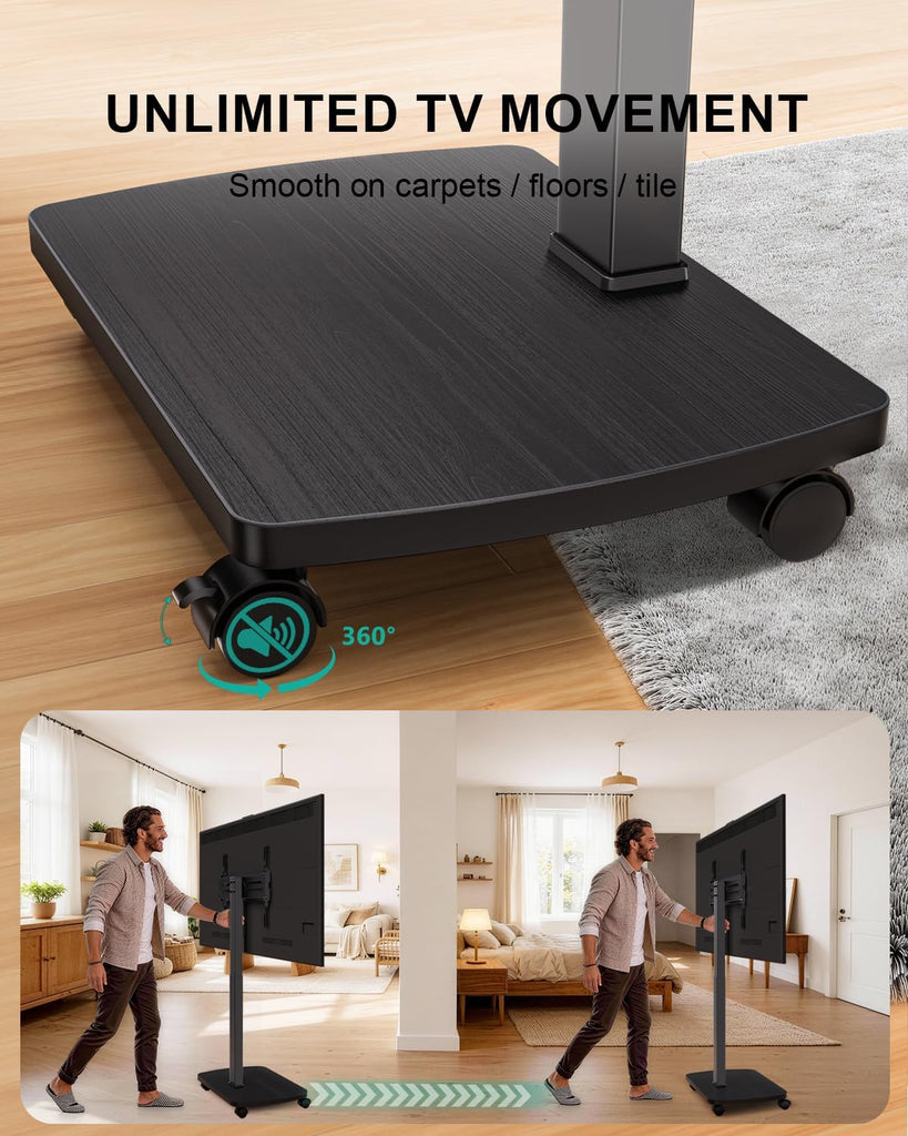 WALI Motorized Rolling TV Stand Lift on Wheels, Electric Height Adjustable Television Stand Mount with Remote for 30-75” TVs up to 110 lbs, Mobile TV Cart with Wood Base for Bedroom(TVDVD-7ER), Black