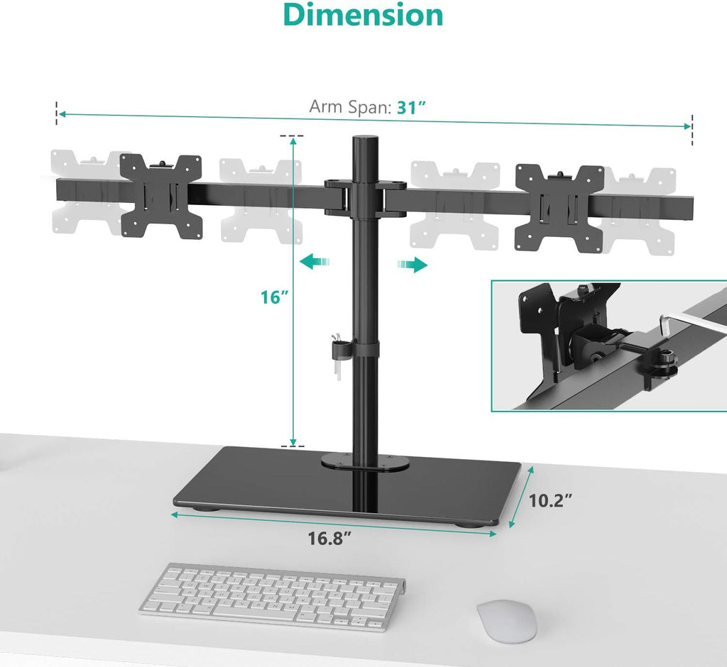 WALI Free Standing Dual Monitor Stand, Height Adjustable Monitor Mount with Glass Base, Fits LCD LED Flat Curved Screen up to 27 inch, 22lbs, with Grommet Base (GMF002)
