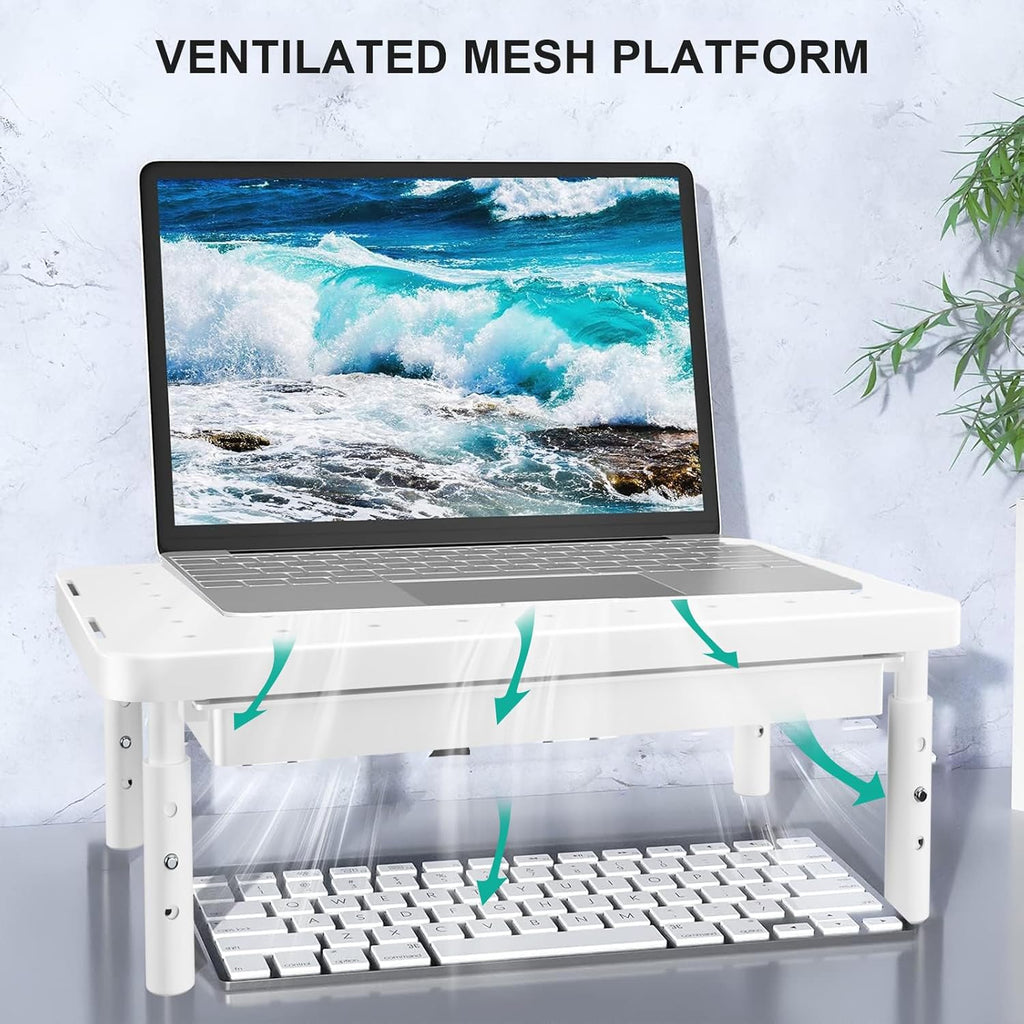 WALI Computer Monitor Stand with Storage, Desk Monitor Riser 3 Height Adjustable, Laptop Riser with Airflow Vents, Desk Organizer for Computer, Laptop, Printer (PTT002-W), 1 Pack, White
