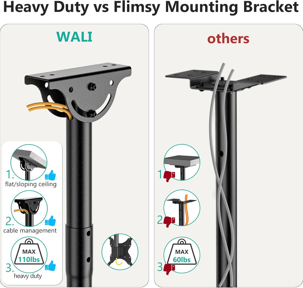 WALI Ceiling TV Mount for 26-65 Inch LCD LED OLED 4K TVs, Hanging Pole Ceiling Mount TVs Bracket Flip Down, Outdoor TV Mounts for Gym Patio Gazebo, up to 110lbs, Max VESA 400x400mm (CM2665), Black