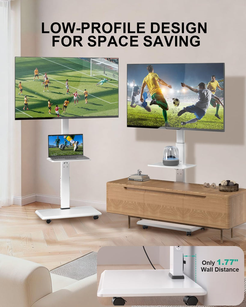 WALI Rolling TV Stand with Power Outlet & AV Shelf, Mobile Tall TV Stand Mount on Wheels for 39-70 inch TV up to 110 lbs, Swivel Height Adjustable TV Cart with Wood Base for Bedroom(TVDVD-6PRW), White
