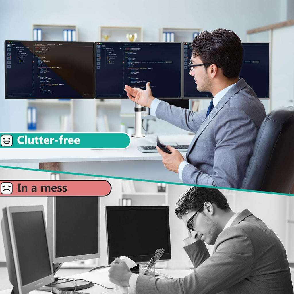 WALI Triple Monitor Mount, Three Monitor Desk Mount Fits 13-27in Screens, Holds up to 22lbs, Multiple Computer Stand with Tilt, Swivel, Rotation, VESA 75x75,100x100mm(M003S-W), White