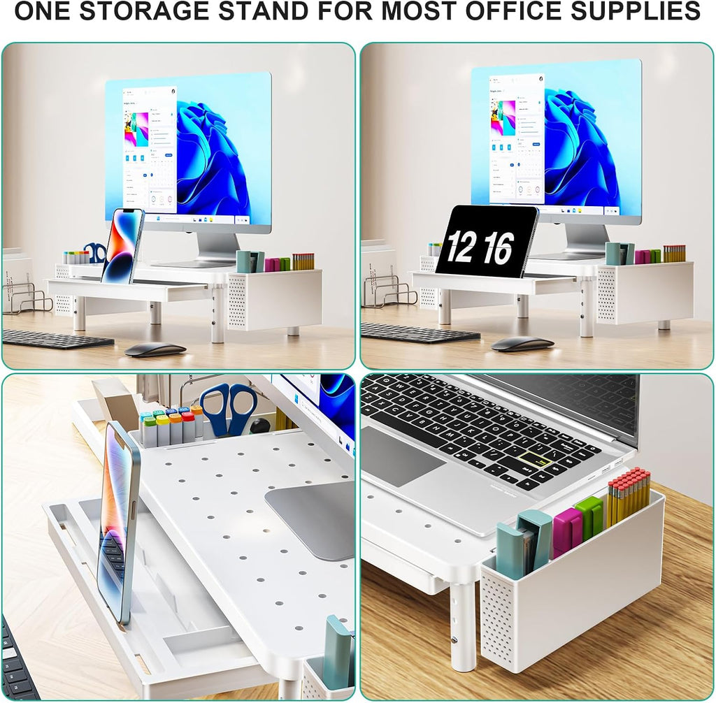 WALI Computer Monitor Stand with Storage, Desk Organizer with Drawer and Pen Holder, Desk Monitor Riser 3 Height Adjustable, Laptop Riser for Computer, Laptop, Printer(PTT003-W), 1 Pack, White