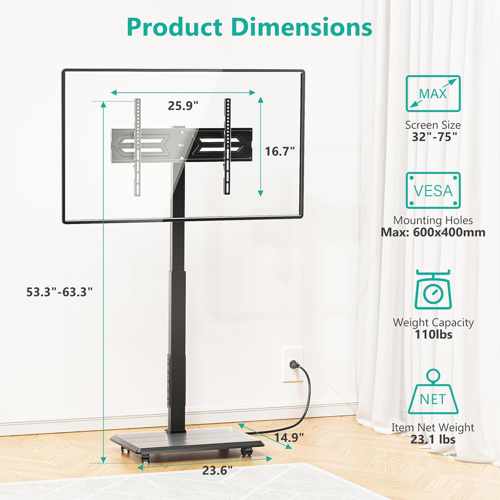 WALI Floor TV Stand with Power Outlet, Rolling Tall TV Stand Mount with Wheels for 32-75 inch TV up to 110 lbs, Swivel Height Adjustable TV Cart with Wood Base for Bedroom(TVDVD-7PR), Black