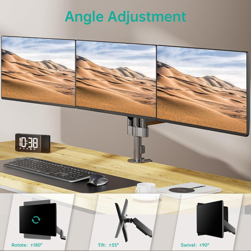 WALI Triple Monitor Mount for 13-27 inch Screens, Adjustable 3 Monitors Desk Mount with Swivel, Tilt, Clamp & Grommet Kit, Gas Spring Arm Triple Monitor Stand, VESA 75x75/100x100mm (GSDM003), Black