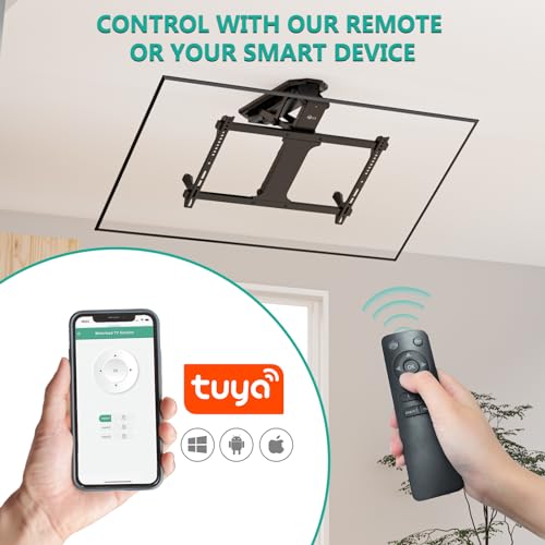 WALI Motorized Ceiling TV Mount with Remote, Electric Flip Down TV Bracket for 32 to 70 inch Flat and Curved Screen TV Up to 77 Lbs, Pitched Roof, Max Mounting Holes 600x400mm (FCM604), Black