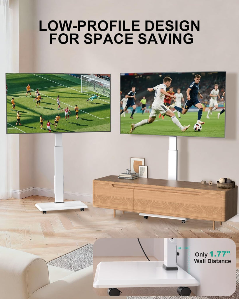 WALI Rolling TV Stand with Power Outlet, Mobile Tall TV Stand Mount on Wheels for 39-75 inch TV up to 110 lbs, Swivel Height Adjustable TV Cart with Wood Base for Bedroom(TVDVD-7PRW), White
