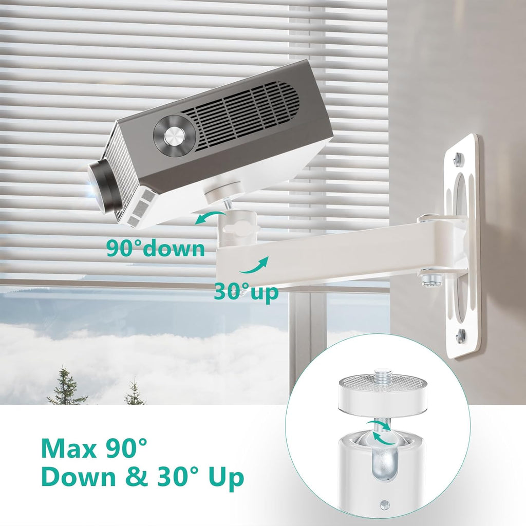 WALI Mini Porjector Wall Mount, Wall Projector Mount for 1/4" M4 M6 Screws, Fully Adjustable Projector Hanging Bracket Ceiling Mount Holder Holds up 22lbs, White (1330LM-PMWS)