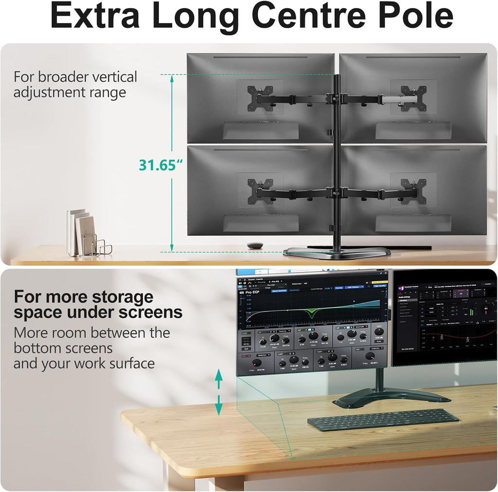 WALI Adjustable 4 Monitor Mount for Max 27 inch Screens, 17.6lbs per Arm Freestanding Quad Monitor Stand, Stacked 4 Desk Arm with Tilt, Swivel, Rotation, VESA 75x75/100x100mm (MF004), Black