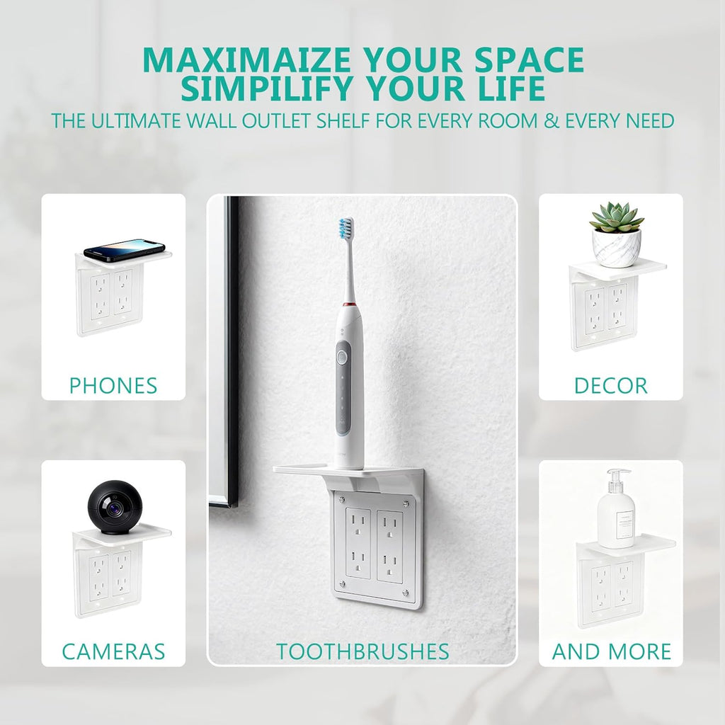 WALI Double Outlet Shelf Wall Holder – Bathroom Shelf Duplex for Electric Toothbrush, HomePod Mini, Echo Dot & Phone Charging – White (DLS001)