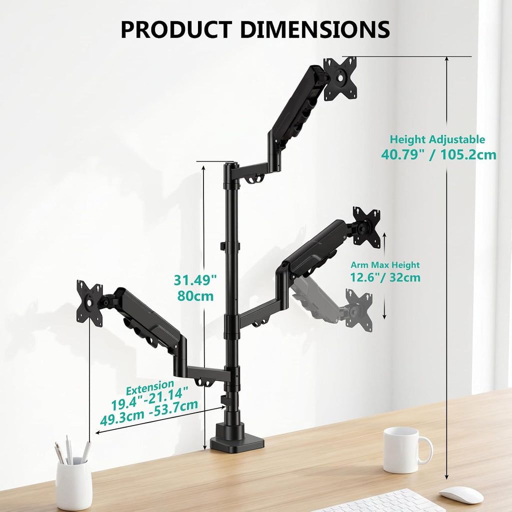 WALI Stacked Triple Monitor Mount for 49" UItrawides and Dual 34" Monitors | Heavy Duty 3 Monitor Arm up to 33 lbs, Full Motion with Tilt, Swivel, Rotation, C-Clamp & Grommet Base, VESA 75/100mm, Black