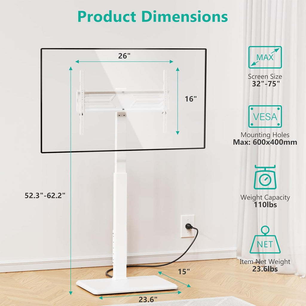 WALI Floor TV Stand with Power Outlet, Tall TV Stand Mount for 32-75 inch TVs up to 110 lbs, Swivel and Height Adjustable TV Stands with Wood Base for Bedroom, Office(TVDVD-7PW), White