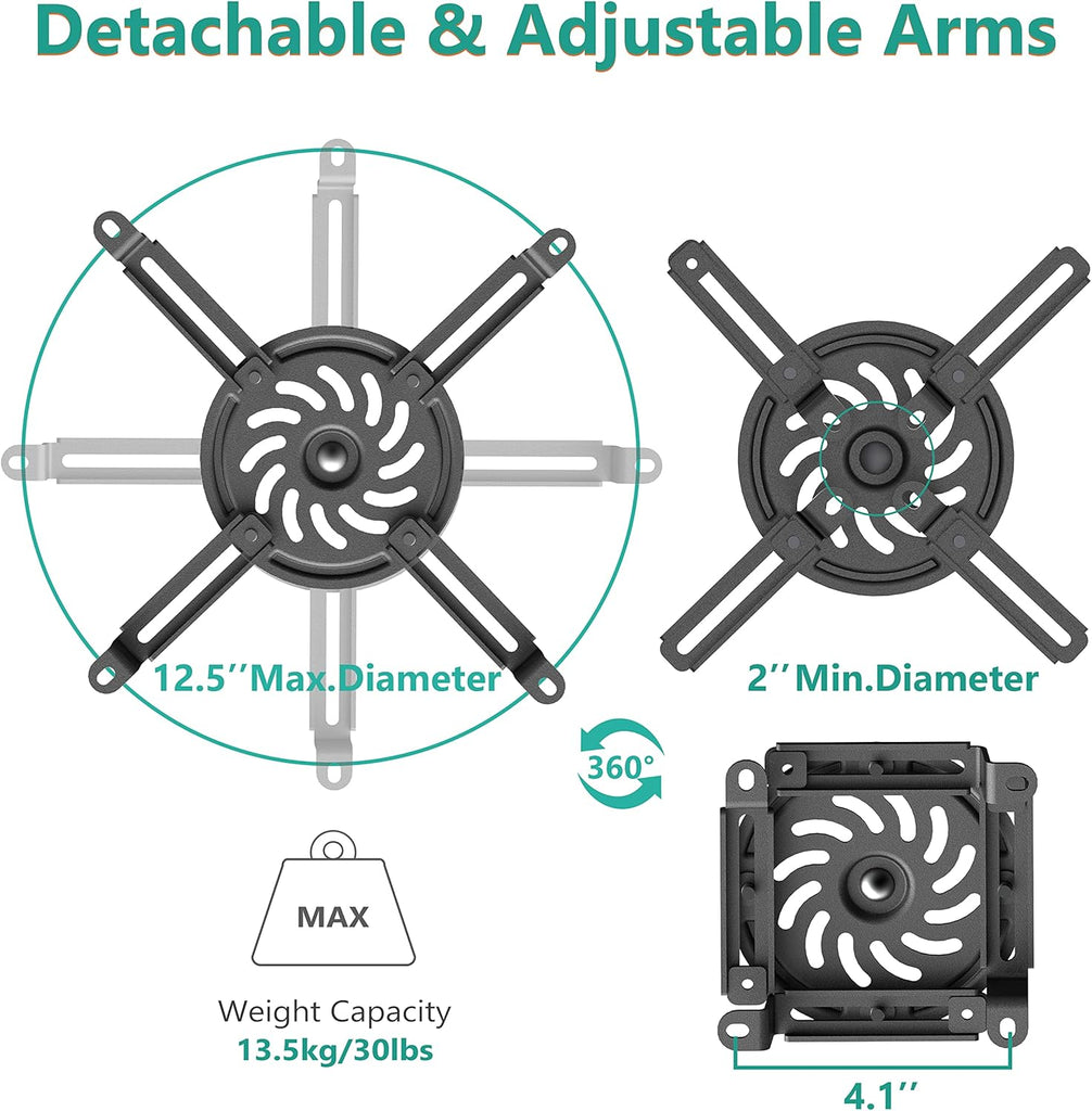 WALI Projector Ceiling Mount, Universal Low Profile Projector Mount with Retractable Arms and Multiple Adjustment Function (PM-002-B), Black