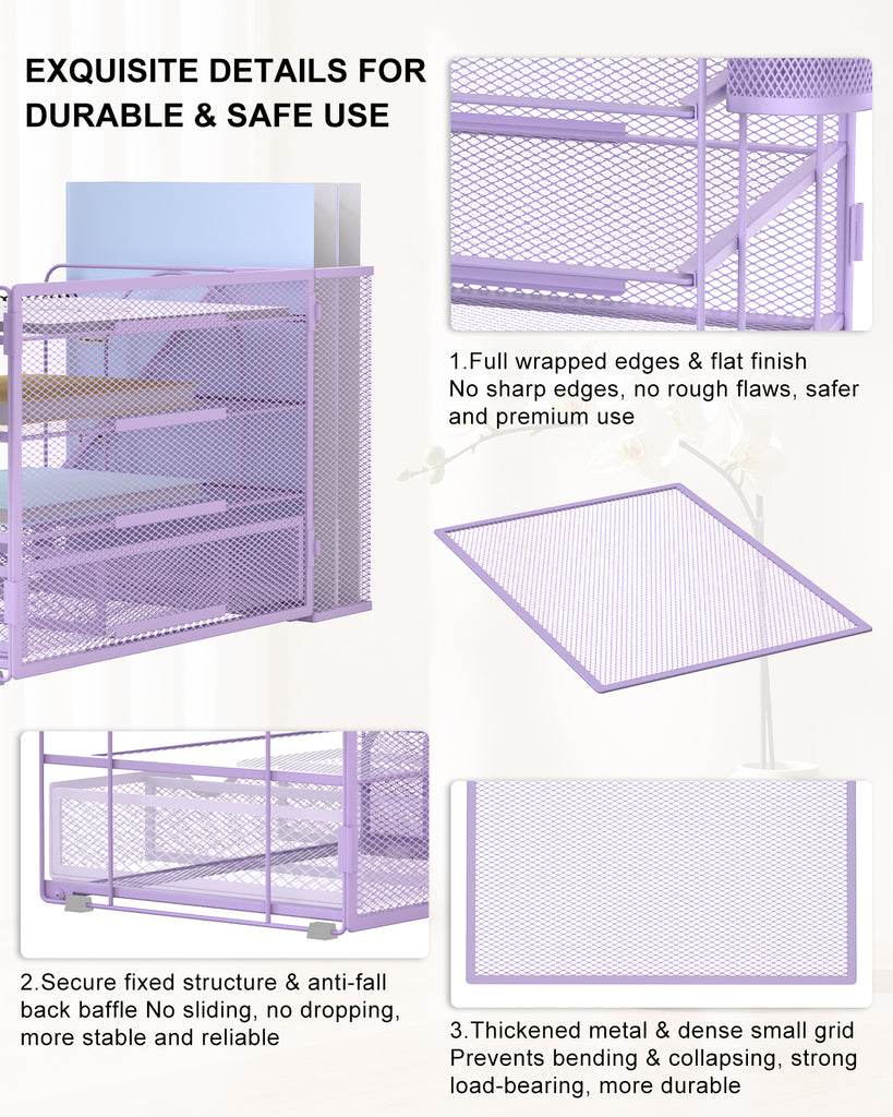 WALI Desk File Organizer, 4 Tier Desktop Paper Letter Tray Organizer with Drawer and 2 Pen Holders, Office Desk Accessories & Workspace Organizers for Office, Home Supplies(DO005DH-V), 1 Pack, Purple