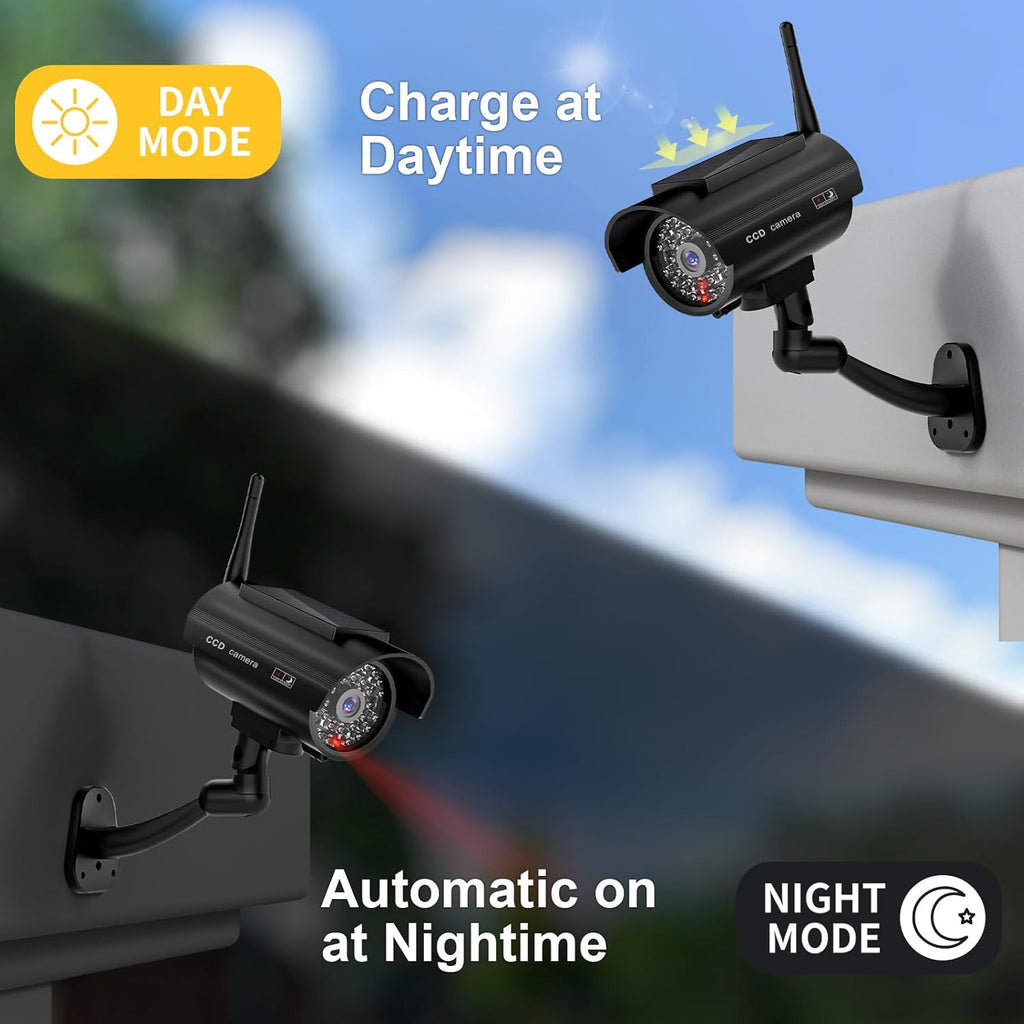 WALI Dummy Fake Camera, Solar Powered Fake Security Camera with LED Light, Simulated Surveillance Security CCTV Dome Cameras with Antenna and Warning Sticker Indoor Outdoor (SOL-TCB2), 2 Packs, Black