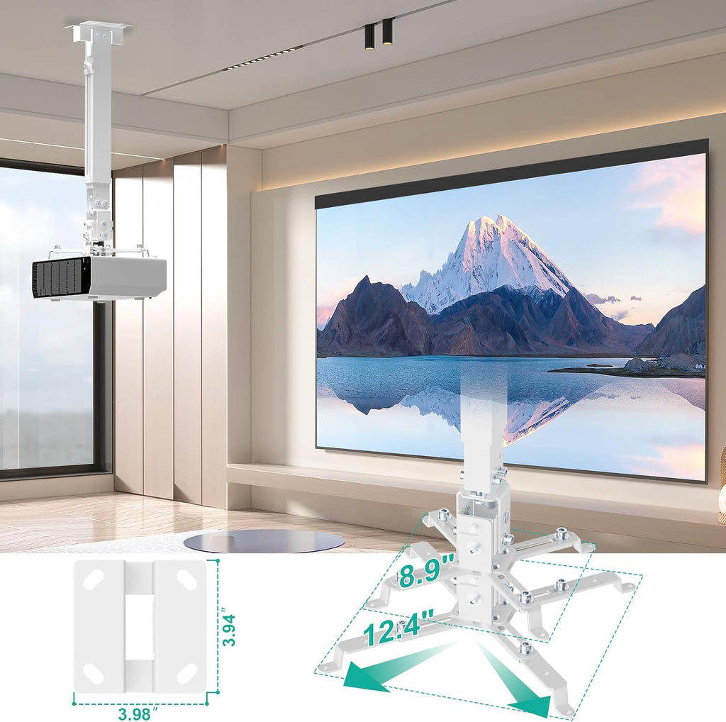 WALI Projector Mount Ceiling/Wall - Universal 3-in-1 Bracket with Extension Pole, Height Adjustable Holder for LCD/DLP Projectors, Supports up to 44lbs, White (PM-003-W)