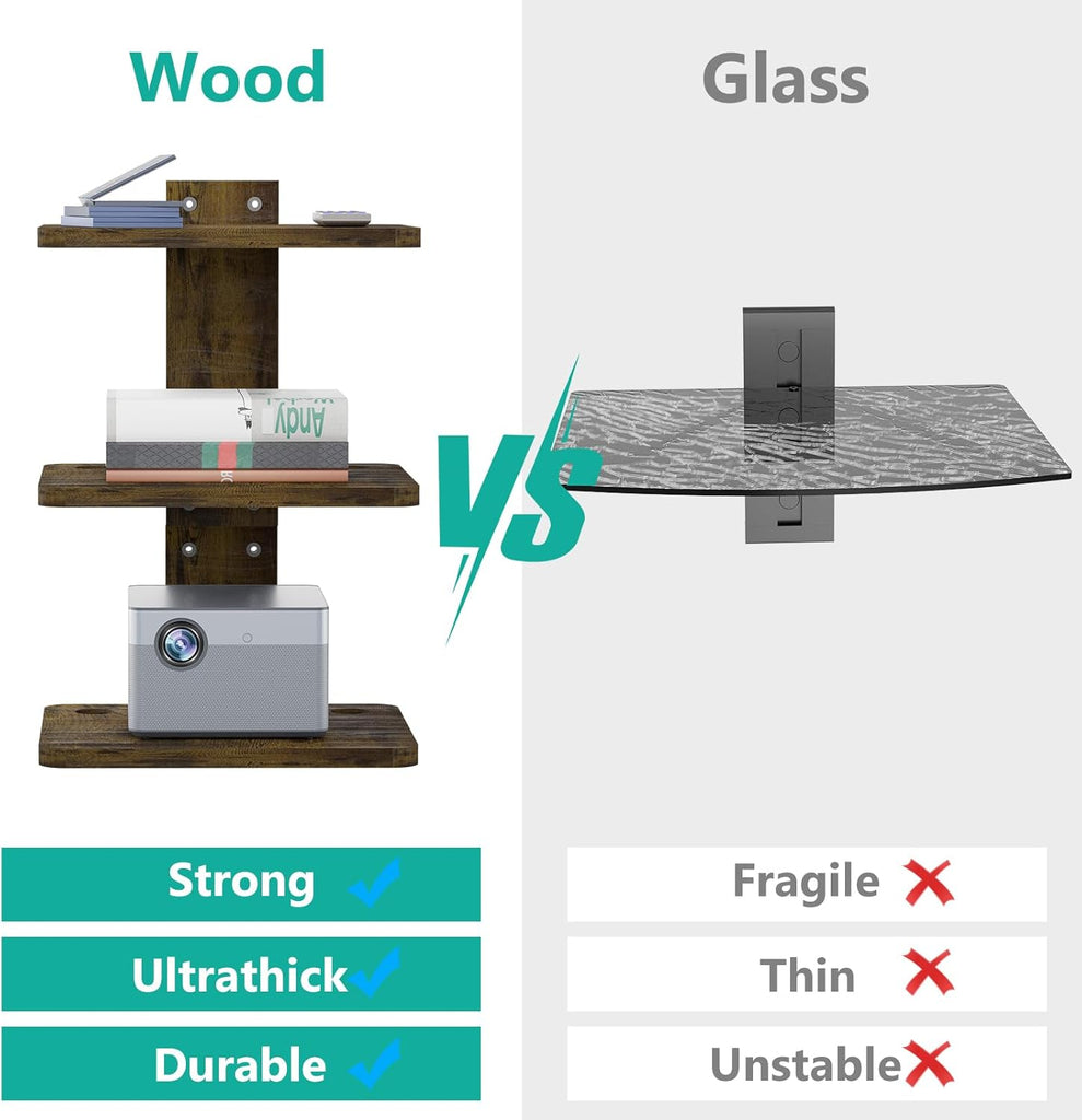 WALI Projector Mount Floating TV Shelf, Holds Up to 22lbs, Wooden Floating Shelf for Under TV for DVD Players, Cable Boxes, Routers, Game Consoles, PlayStation Accessories (CS303NC), 3 Shelves