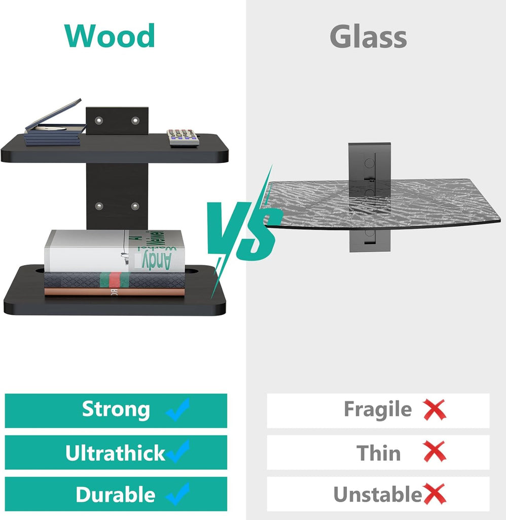 WALI Projector Mount Floating TV Shelf, Holds Up to 22lbs, Wooden Wall Mounted Shelves Under TV Shelf for DVD Players, Cable Boxes, Routers, Game Consoles, PlayStation Accessories (CS202NB), 2 Shelves