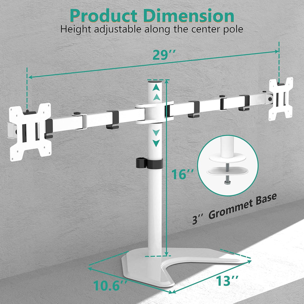 WALI Dual Monitor Stand, Free Standing Desk Mount for 2 Monitors up to 27 inch, 22 lbs. Weight Capacity per Arm, Fully Adjustable with Max Mounting Pattern 100x100mm (MF002-W), White