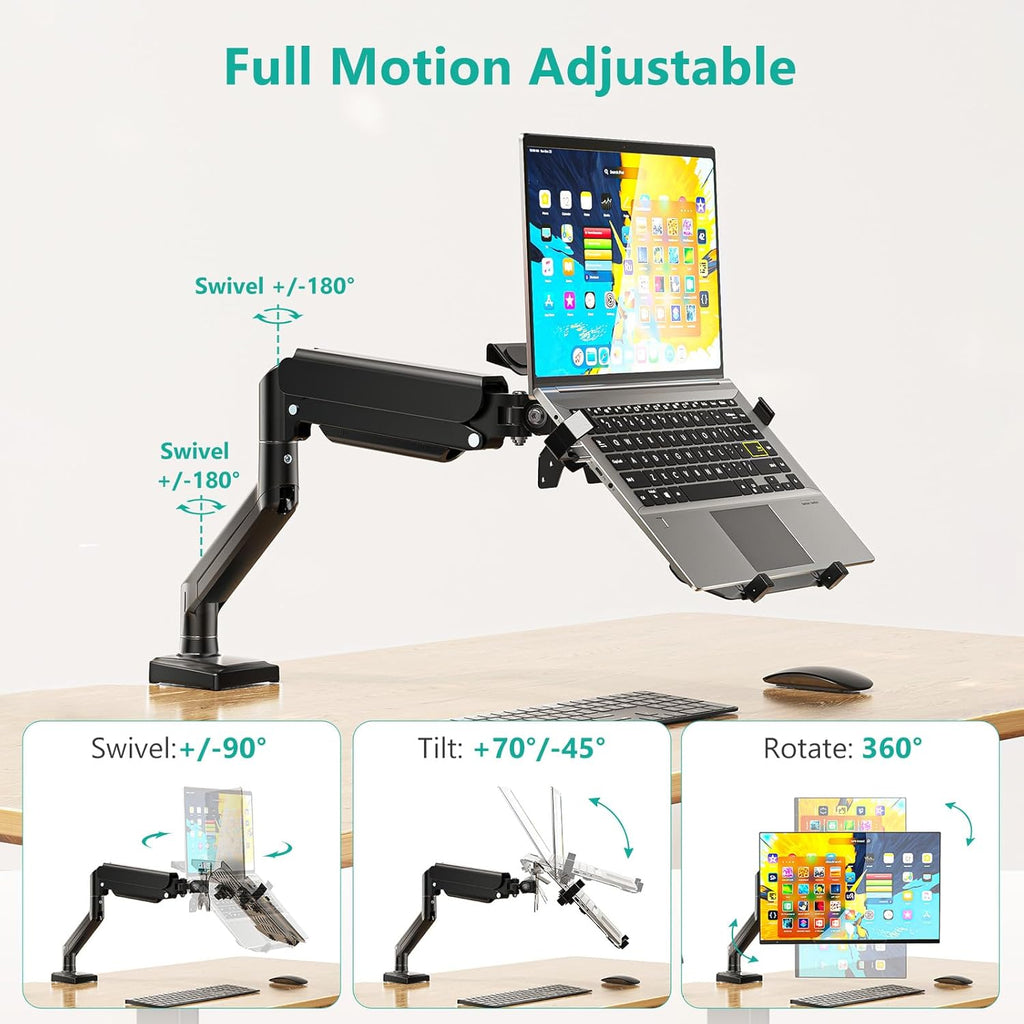 WALI Laptop Desk Mount, 2-in-1 Monitor Mount Fits up to 17” Notebook and 34” Monitors, Laptop Stand for Desk Adjustable Height, Monitor Arm with Laptops Holder, Max Holds 22-26.4lbs(GSMP001LPN), Black