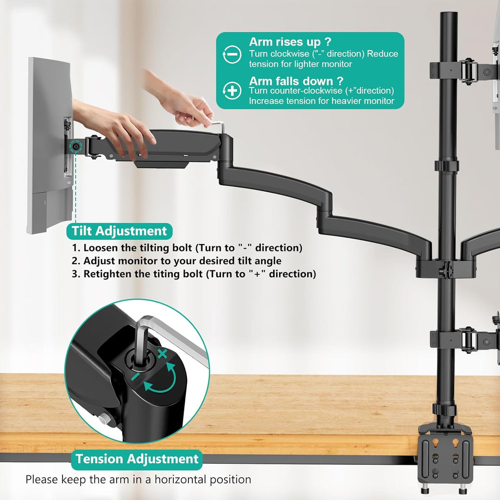 WALI Quad Monitor Mount for 17-27 inch Screens, Extra Tall 4 Monitors Desk Mount, up to 19.8lbs, 32.2 inch Height Max, Fully Adjustable Gas Spring 4 Monitor Stand, VESA 75/100mm (GSDM004S), Black