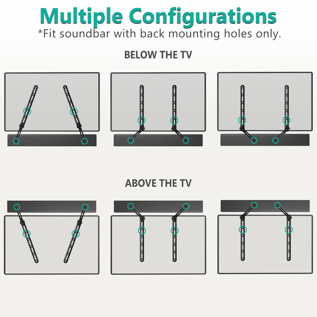 WALI Sound Bar Mount Bracket, for Mounting Above or Under TV, with Adjustable 3 Angled Extension Arm, Fits Most 23 to 65 Inch TVs, up to 33 lbs (SBR202)