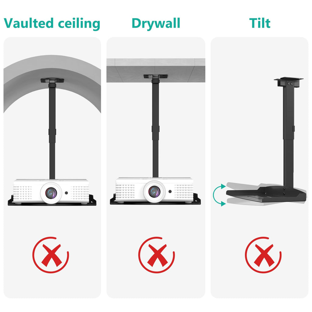 WALI Projector Ceiling Mount Tray，Projector Wall Mount Holds up to 22lbs, Height Adjustable Universal Projectors Mount, No Hole Installation, Hidden Cable Routing, Black(PM-005-B)