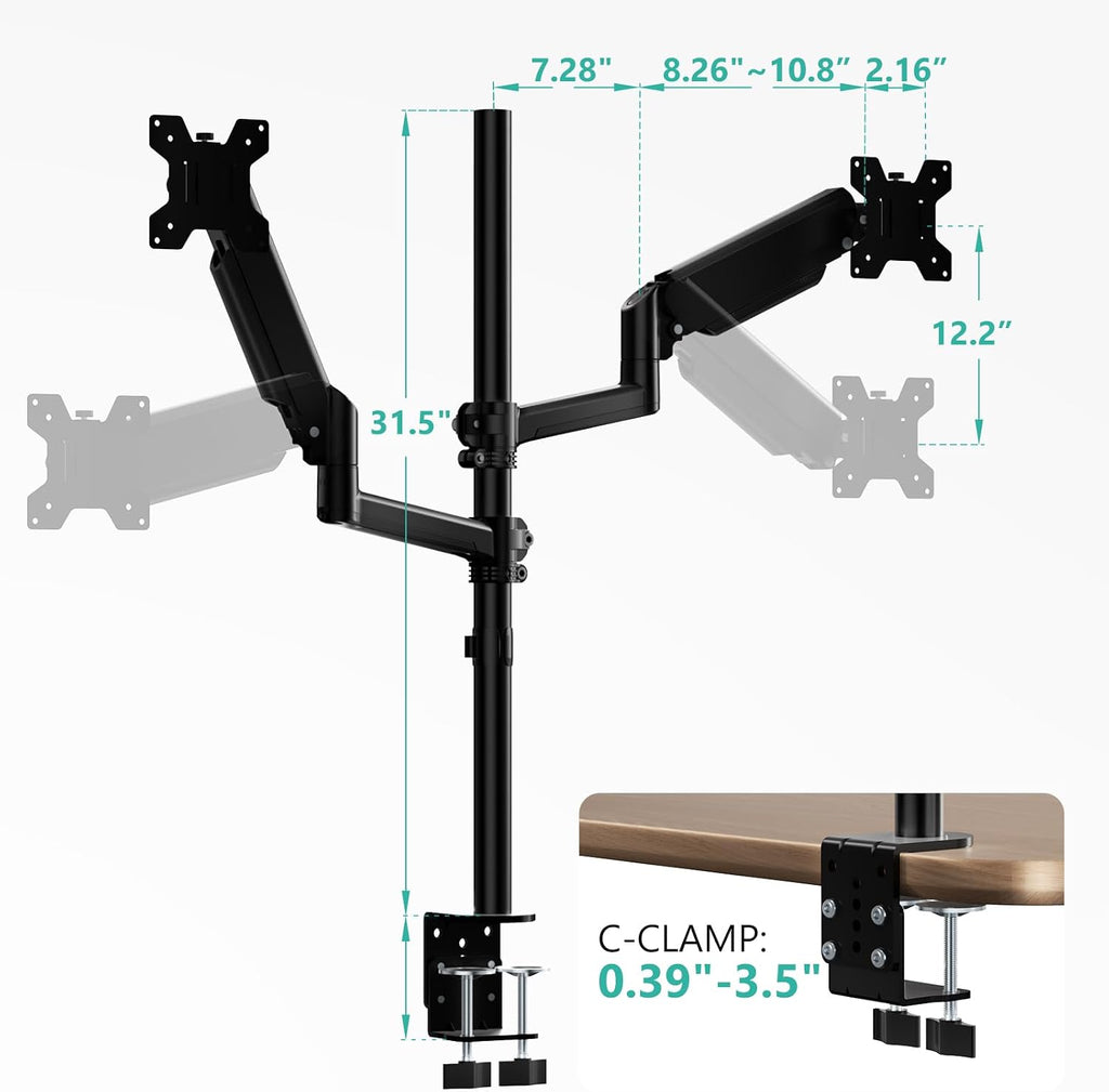 WALI Vertical Dual Monitor Mount for 13-40 inch Curved Screens, up to 22lbs | Stacked Monitor Stand, 31.5 inch Extra Tall Pole, Full Motion with Tilt, Swivel, Rotation, C-Clamp, VESA 75/100mm (GSDM002XL)