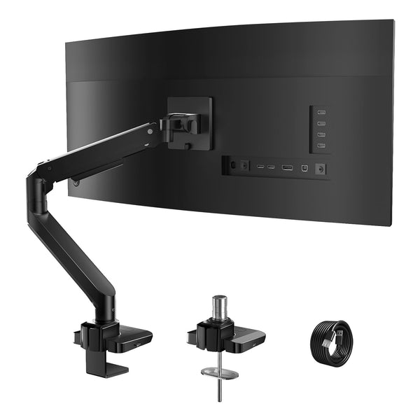 WALI Single Monitor Gas Spring Desk Mount, Heavy Duty Monitor Arm for Ultrawide Screen up to 49 inch, 44 lbs with USB. Fully Adjustable, Mounting Holes 75 and 100 (GSMU001XL), Black