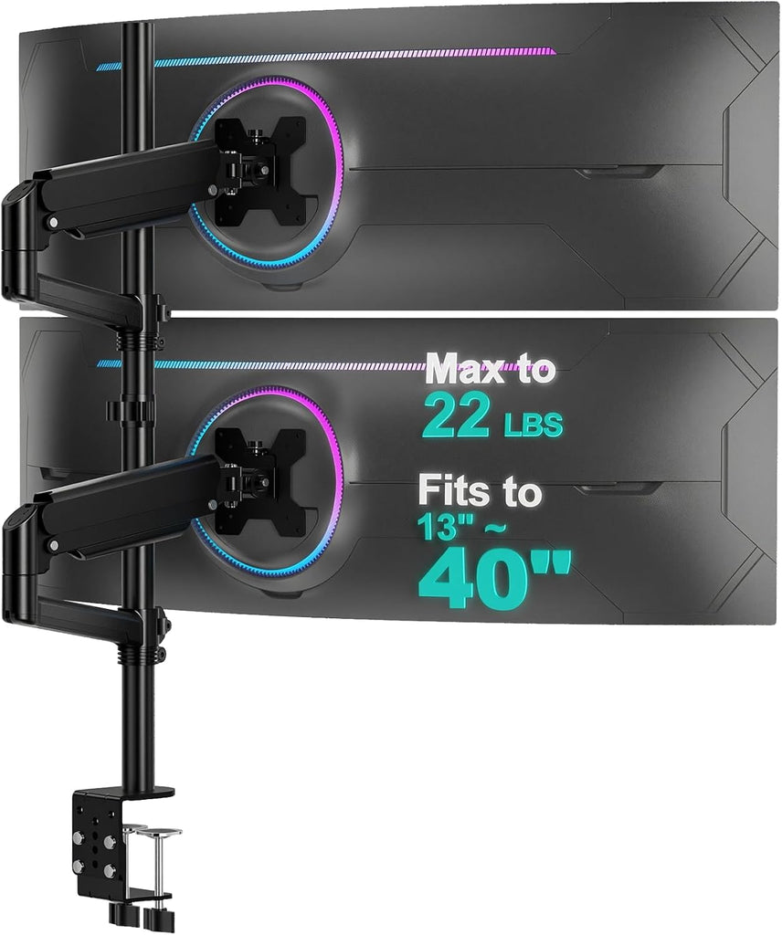WALI Vertical Dual Monitor Mount for 13-40 inch Curved Screens, up to 22lbs | Stacked Monitor Stand, 31.5 inch Extra Tall Pole, Full Motion with Tilt, Swivel, Rotation, C-Clamp, VESA 75/100mm (GSDM002XL)