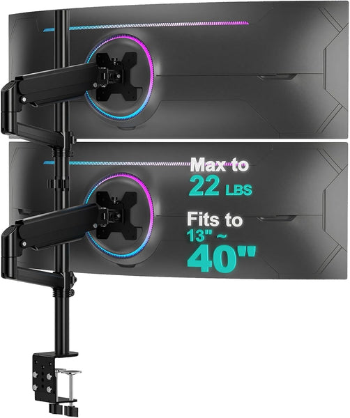 WALI Vertical Dual Monitor Mount for 13-40 inch Curved Screens, up to 22lbs | Stacked Monitor Stand, 31.5 inch Extra Tall Pole, Full Motion with Tilt, Swivel, Rotation, C-Clamp, VESA 75/100mm (GSDM002XL)