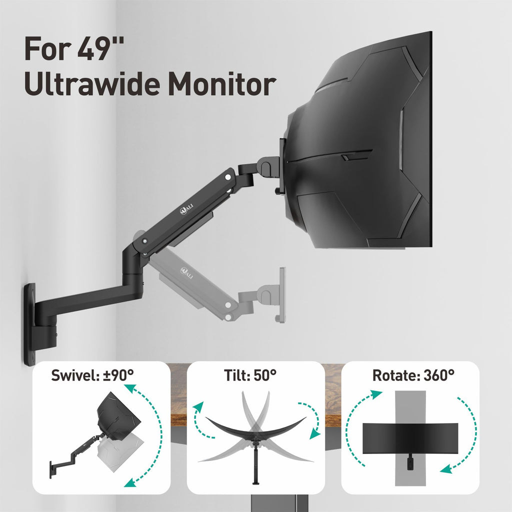 WALI Single Monitor Wall Mount, Heavy Duty Monitor Arm for Ultrawide Screens up to 49 inch, 44 lbs. Fully Adjustable Gas Spring Arm Max Extension 16.7 inch (GSWM001XL-P), Black