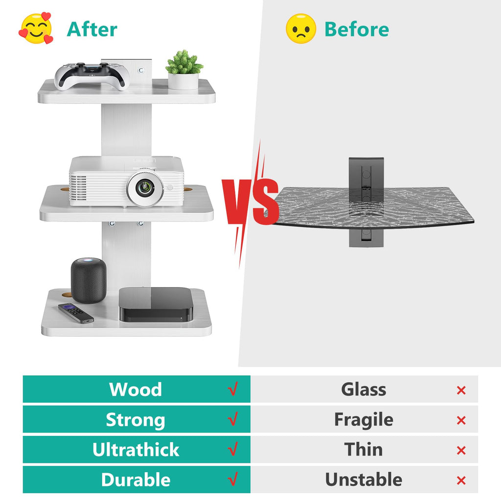 WALI Floating TV Shelf, Holds Up to 22lbs, Wooden Wall Mounted Shelves for DVD Players, Cable Boxes, Routers, Game Consoles, Living Room Decor Accessories (CS303NW), 3 Shelf, White