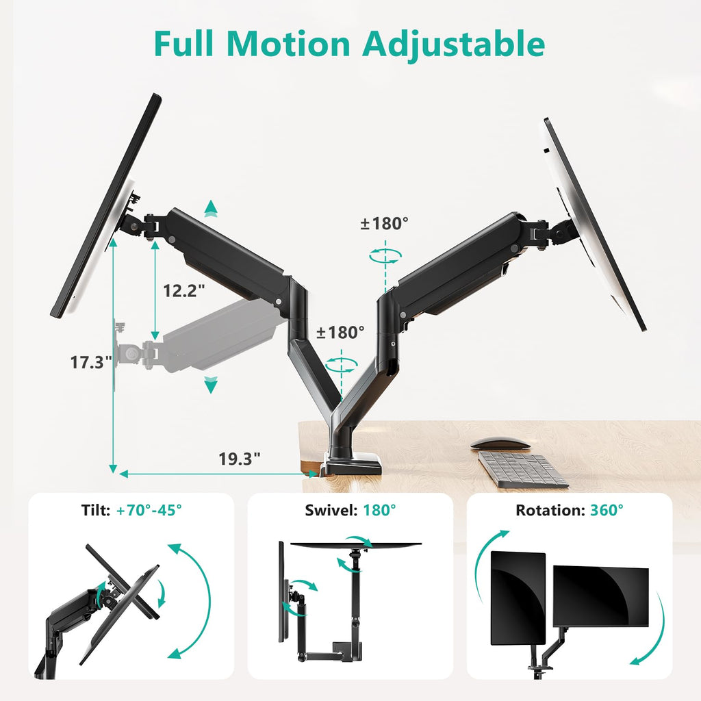 WALI Dual Monitor Mount, Adjustable Gas Spring Monitor Desk Stand for 2 Monitors, Heavy Duty Monitor Arm up to 32 Inch Screen, Hold up to MAX 22lbs, Max Mounting Holes 100x100mm (GSMP002N), Black