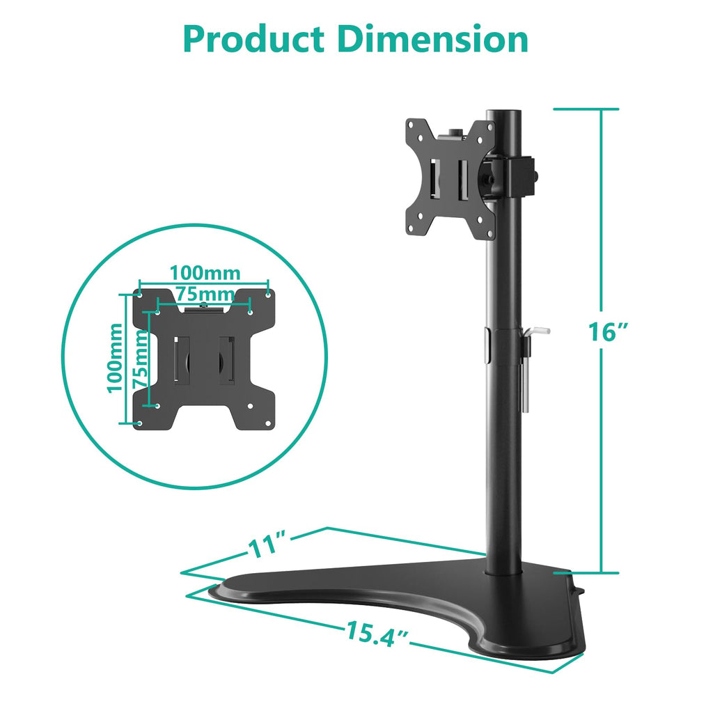 WALI Single Monitor Stand for 13-32 Inch Computer Screens, Freestanding Single Monitor Arm Desk Mount, Universal VESA Monitor Mount 75x75/100x100mm, Adjustable Height and Angle, (MF001), Black