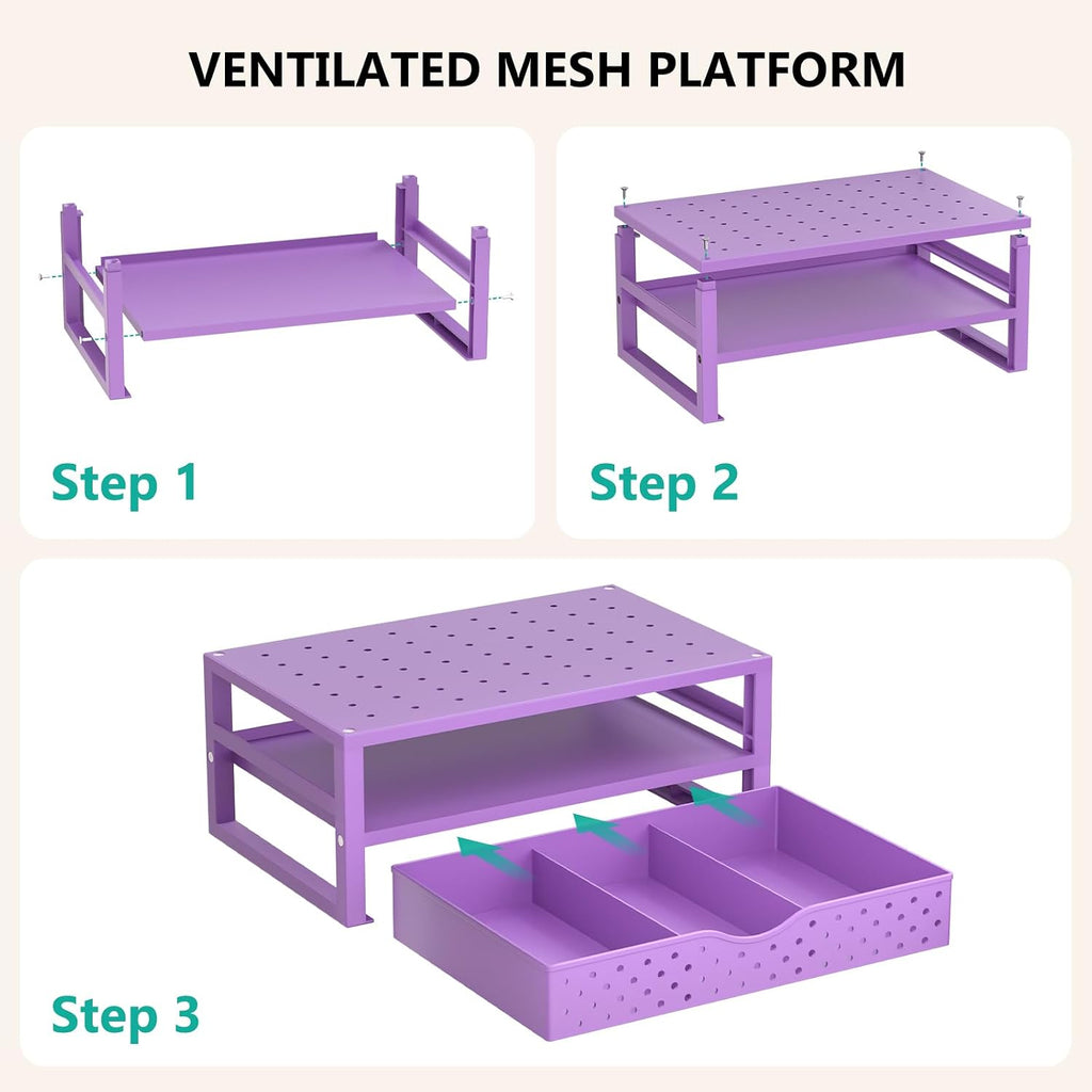 WALI Desk Organizer with Drawer，Computer Monitor Stand with Storage, Desk Organizers and Accessories for Computer, Printer, Laptop Riser for Home Office Supplies, (PTT005-V), 1 Pack, Purple