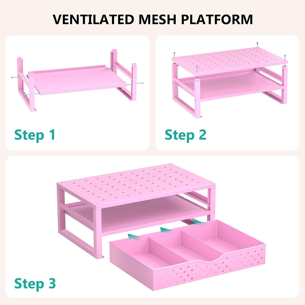 WALI Desk Organizer with Drawer，Computer Monitor Stand with Storage, Desk Organizers and Accessories for Computer, Printer, Laptop Riser for Home Office Supplies, (PTT005-P), 1 Pack, Pink