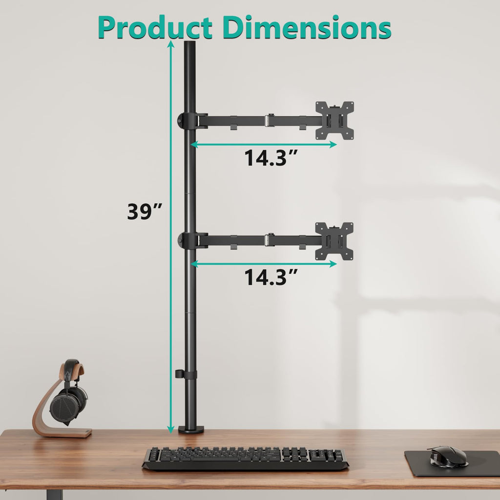 WALI Dual Vertical Stacked Monitor Mount, Extra Tall Monitor Stand for 2 Computer Screens Max 27'', Adjustable Monitor Arm for Desk Holds up to 22lbs with Mounting Holes 75/100mm (M12XXL), Black