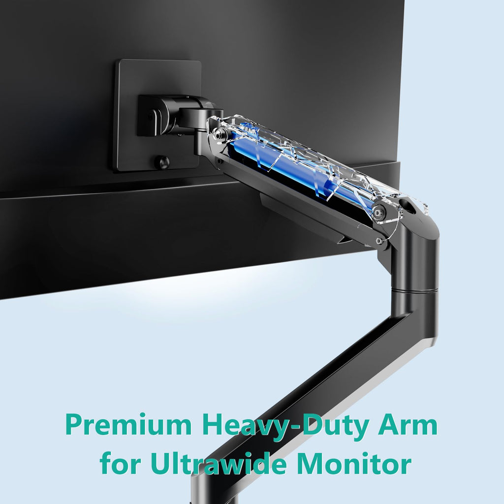 WALI Single Monitor Arm, Gas Spring Mount up to 49 inches, Ultrawide Monitor Arm Holds up to 44lbs, Heavy Duty Desk Mount with C Clamp and Grommet Base (GSM001XL-P), Black