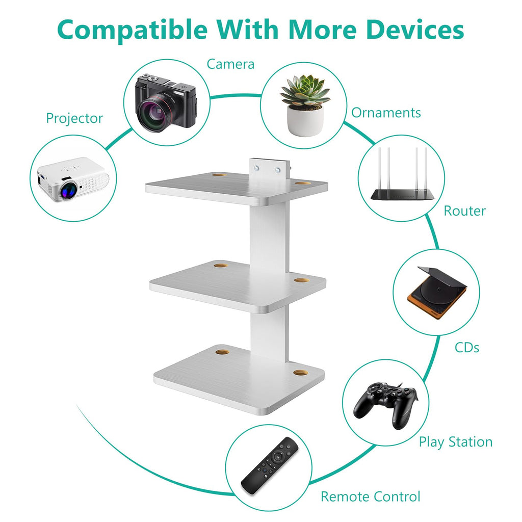 WALI Floating TV Shelf, Holds Up to 22lbs, Wooden Wall Mounted Shelves for DVD Players, Cable Boxes, Routers, Game Consoles, Living Room Decor Accessories (CS303NW), 3 Shelf, White