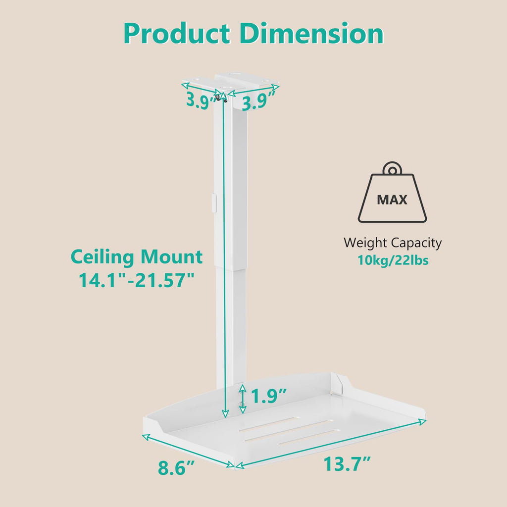 WALI Projector Ceiling Mount Tray，Projector Wall Mount Holds up to 22lbs，Height Adjustable Universal Projection Mount Tray 13.7'' x 8.6'', No Hole Installation, Hidden Cable Routing, White (PM-005-W)