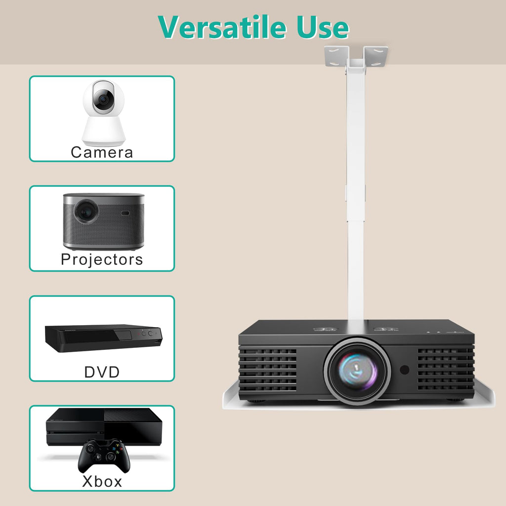 WALI Projector Ceiling Mount Tray，Projector Wall Mount Holds up to 22lbs，Height Adjustable Universal Projection Mount Tray 13.7'' x 8.6'', No Hole Installation, Hidden Cable Routing, White (PM-005-W)