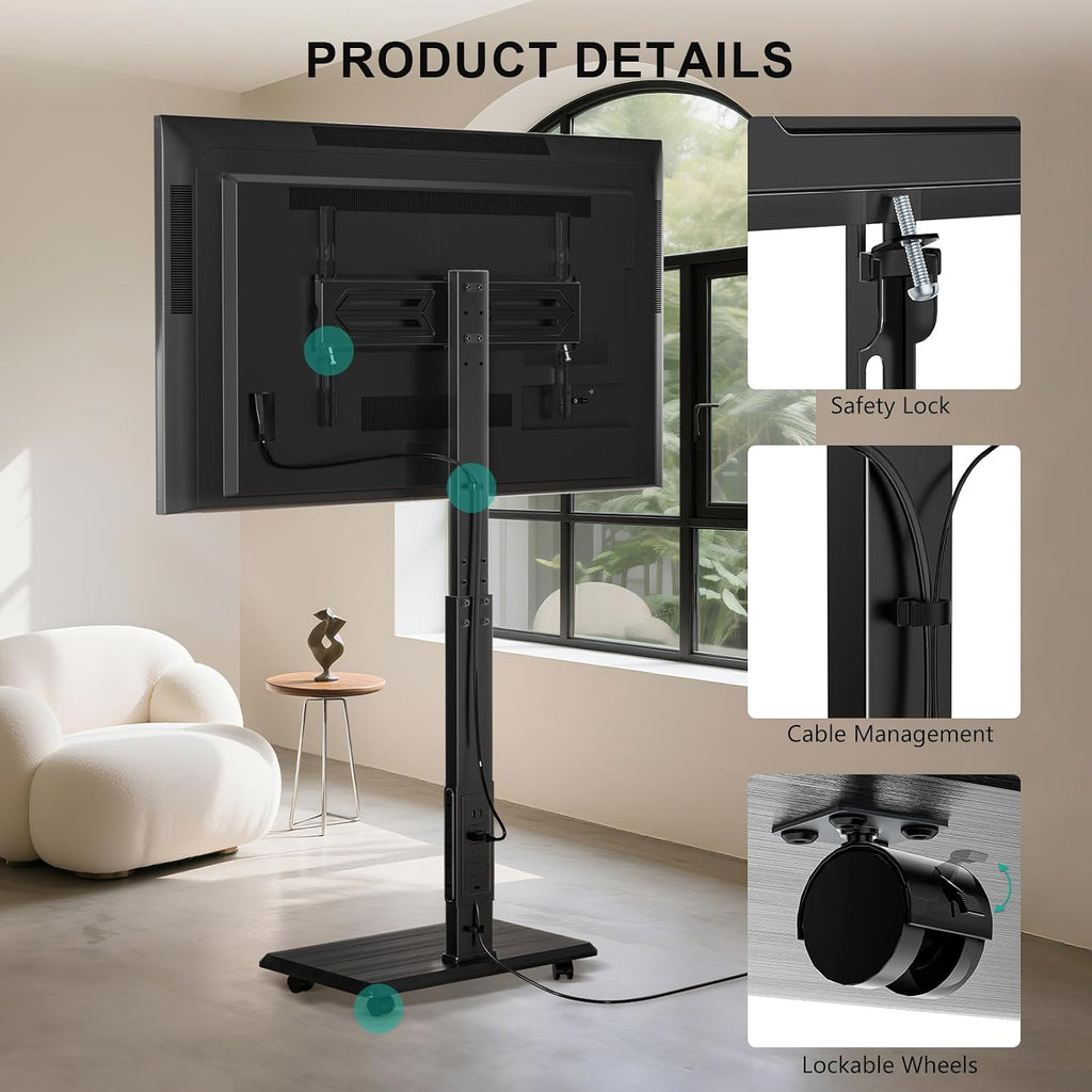 WALI Rolling TV Stand Cart with Power Outlet for 39-75”, Bedroom, Black Supports 110 lbs, 60° swivel & multi-height adjust; built-in 3AC+2USB power hub; lockable rolling wheels for living room, bedroom