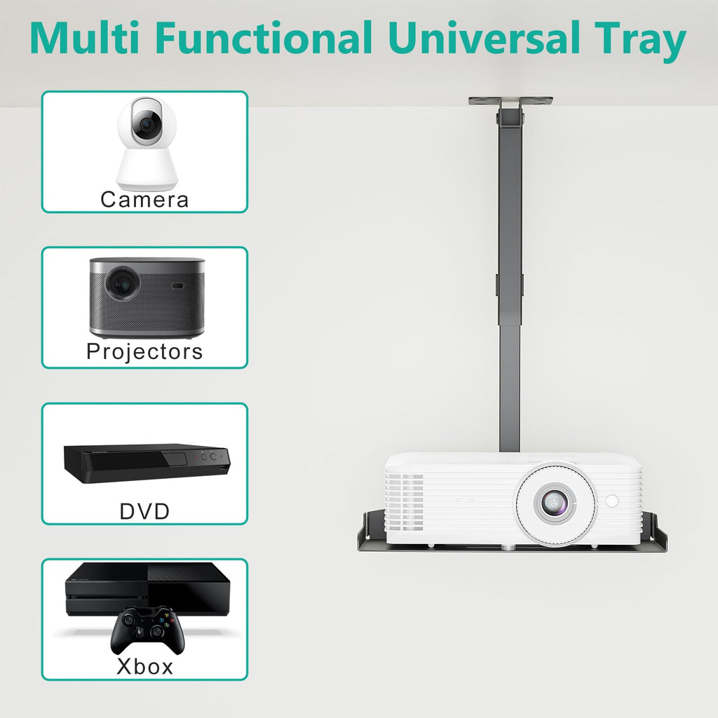 WALI Projector Ceiling Mount Tray，Projector Wall Mount Holds up to 22lbs, Height Adjustable Universal Projectors Mount, No Hole Installation, Hidden Cable Routing, Black(PM-005-B)