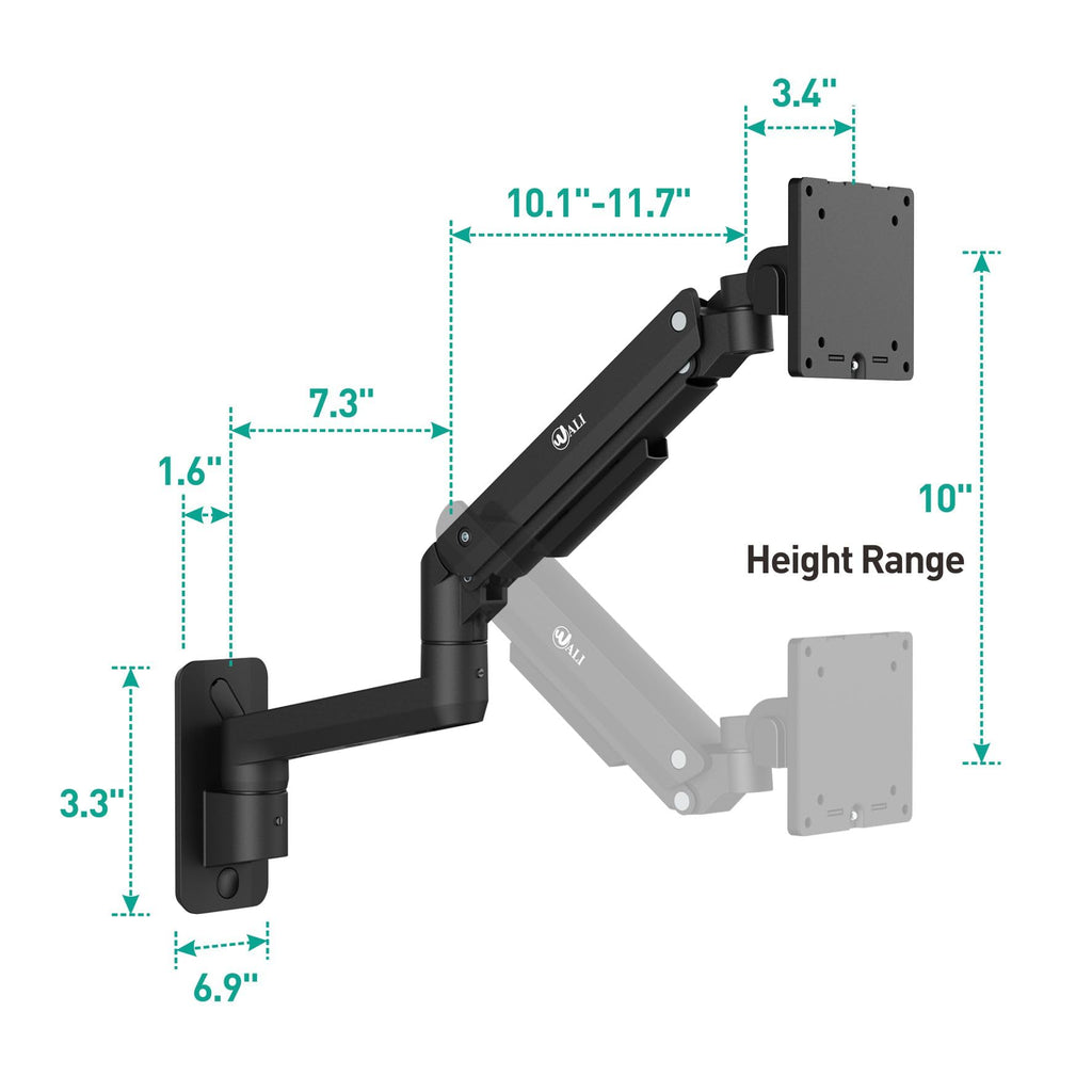 WALI Single Monitor Wall Mount, Heavy Duty Monitor Arm for Ultrawide Screens up to 49 inch, 44 lbs. Fully Adjustable Gas Spring Arm Max Extension 16.7 inch (GSWM001XL-P), Black